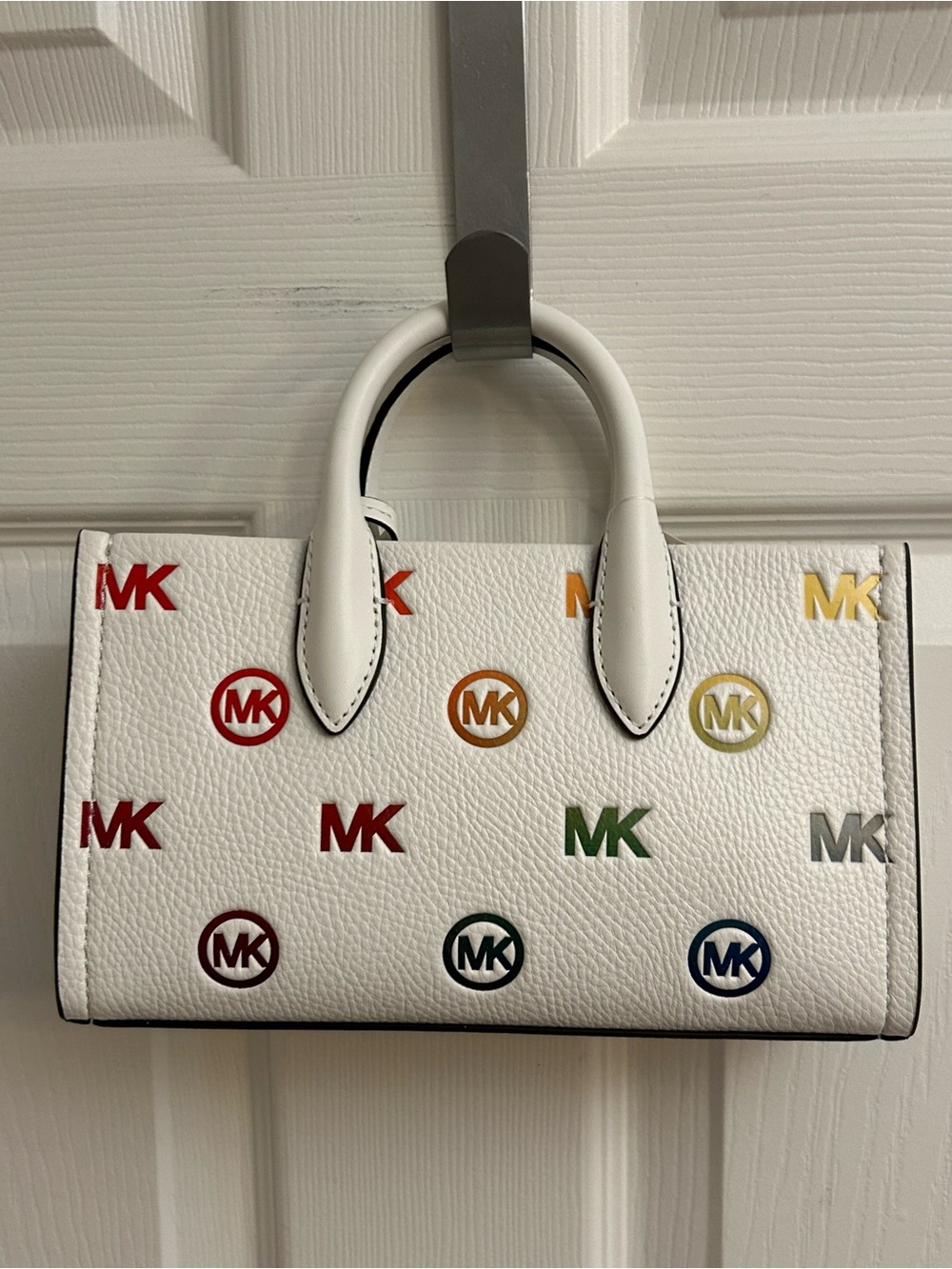 Michael Kors White Leather Satchel with Multicolor MK Accents - Picture 15 of 15